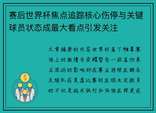 赛后世界杯焦点追踪核心伤停与关键球员状态成最大看点引发关注