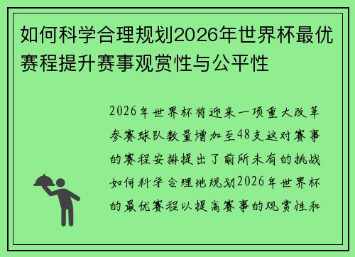 如何科学合理规划2026年世界杯最优赛程提升赛事观赏性与公平性